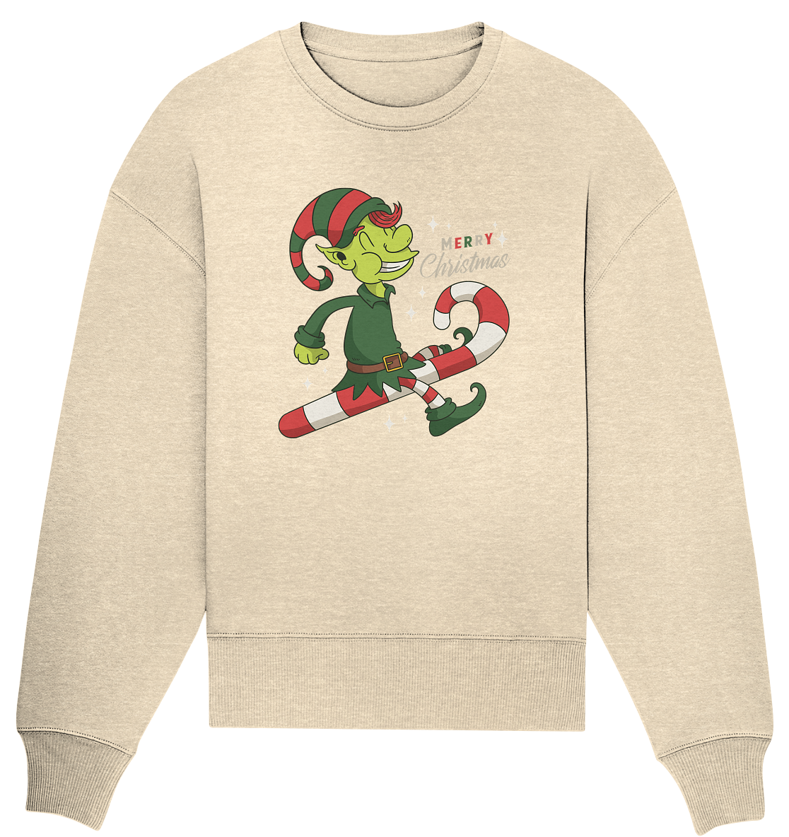 Christmas Design Cute Christmas Elf with Candy Cane Merry Christmas - Organic Oversize Sweatshirt