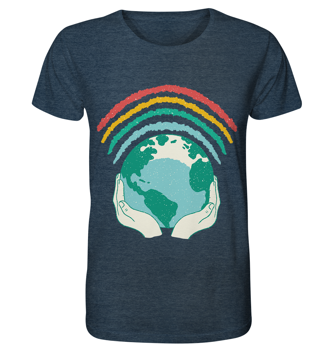 Rainbow with globe in hands - Organic Shirt (mottled)
