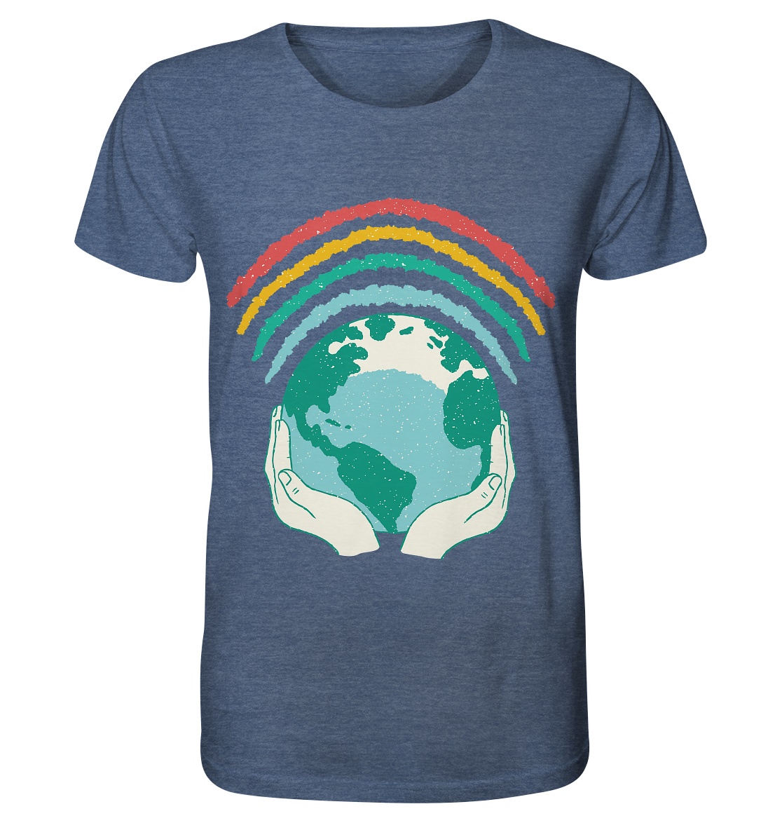Rainbow with globe in hands - Organic Shirt (mottled)