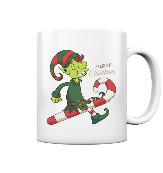 Weihnacht Design Netter Weihnachtself  mit Zuckerstange Merry Christmas - Tasse glossy