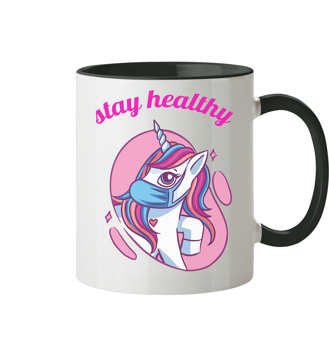 Tasse mit Motiv Einhorn mit Maske Stay Healthy - Tasse zweifarbig - Online Kaufhaus München