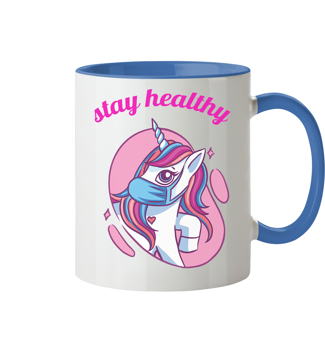 Tasse mit Motiv Einhorn mit Maske Stay Healthy - Tasse zweifarbig - Online Kaufhaus München