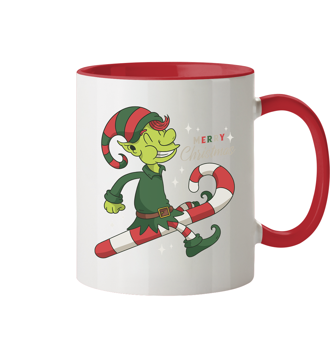 Weihnacht Design Netter Weihnachtself  mit Zuckerstange Merry Christmas - Tasse zweifarbig