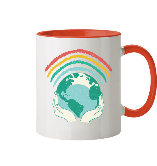 Arc-en-ciel avec globe en mains - tasse bicolore