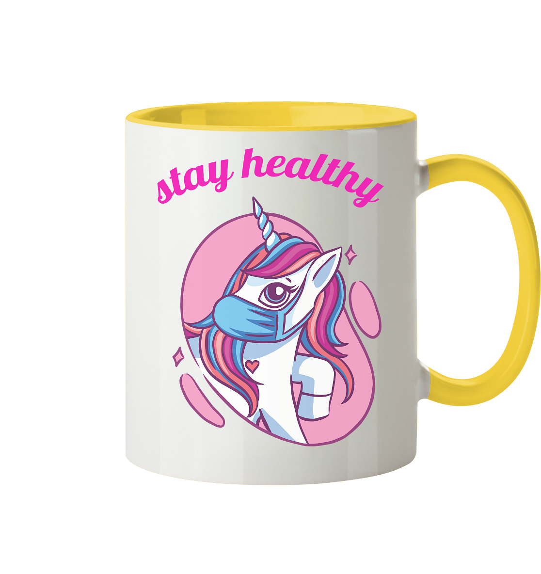 Tasse mit Motiv Einhorn mit Maske Stay Healthy - Tasse zweifarbig - Online Kaufhaus München