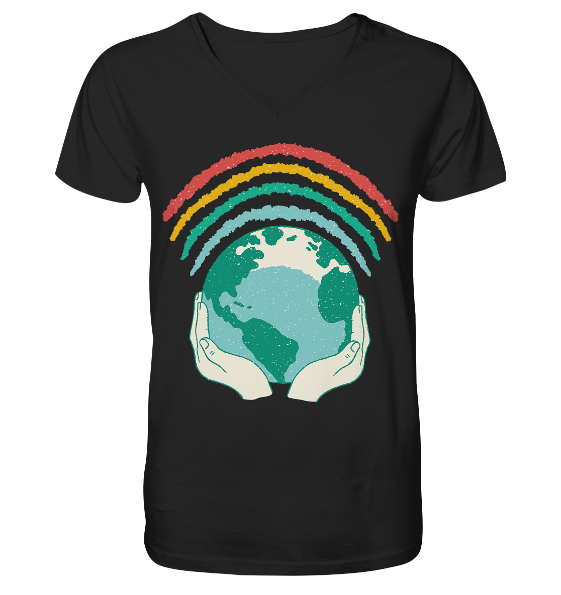 Regenbogen mit Weltkugel in Händen    - V-Neck Shirt