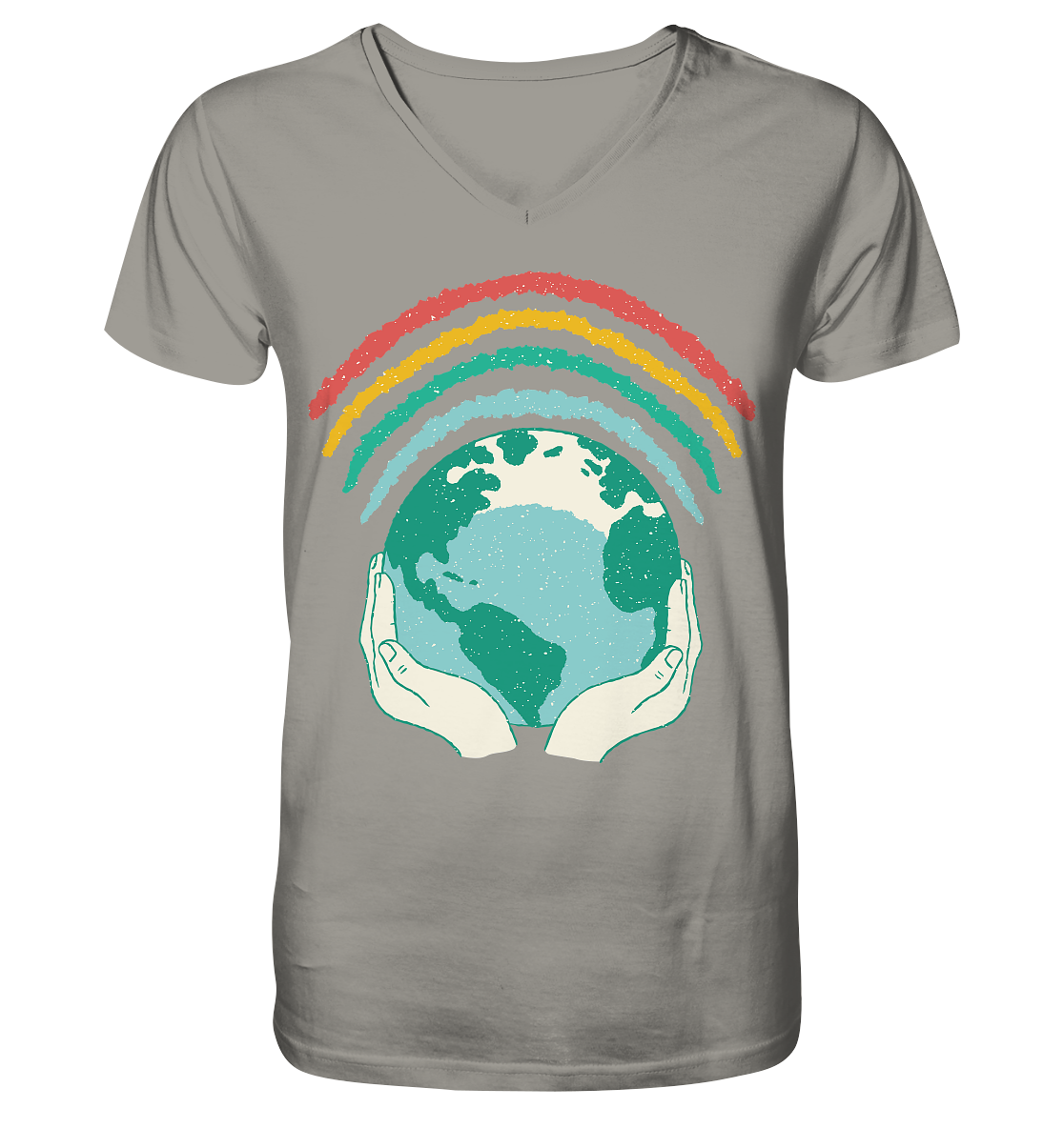 Regenbogen mit Weltkugel in Händen    - V-Neck Shirt