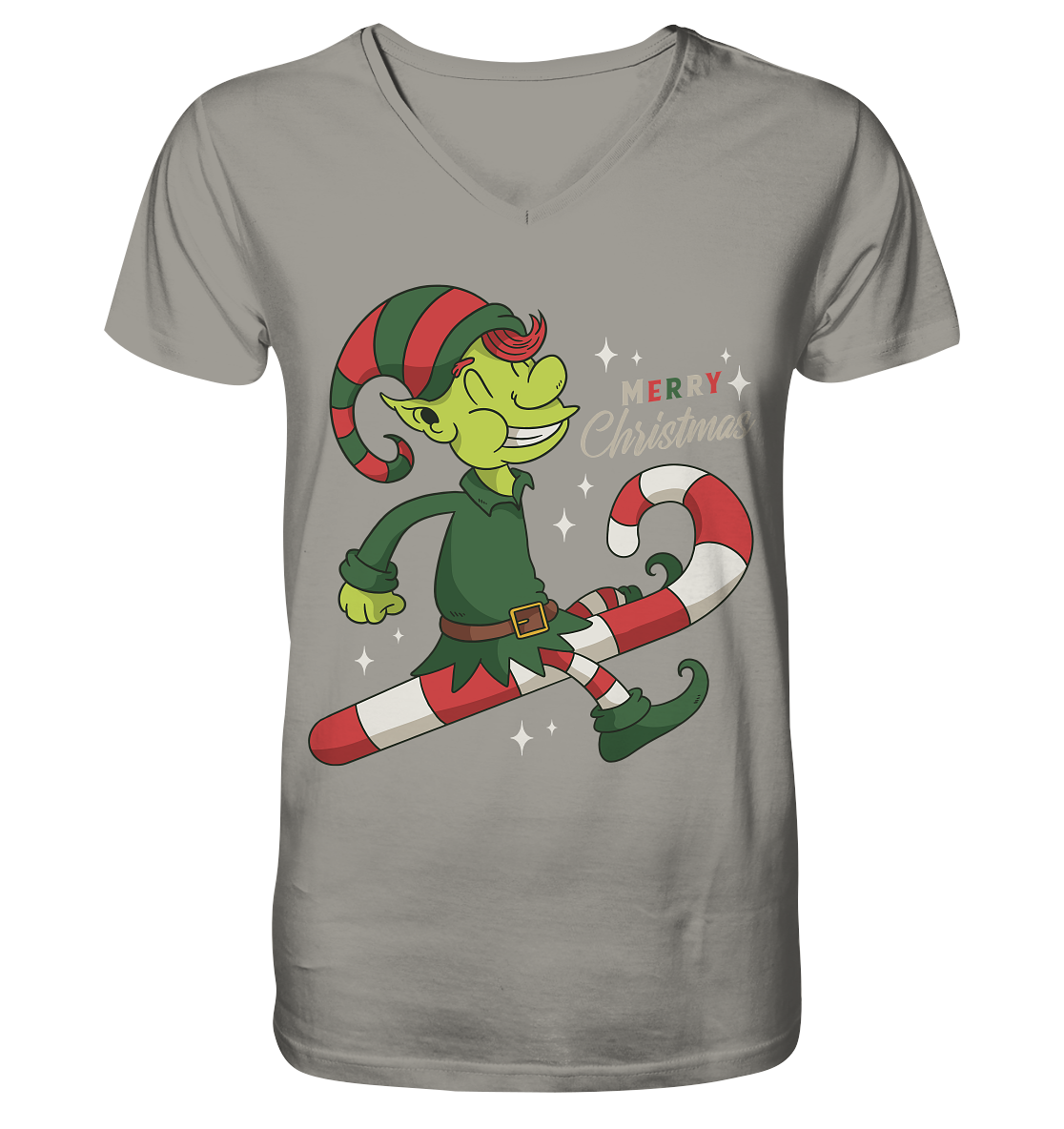 Weihnacht Design Netter Weihnachtself  mit Zuckerstange Merry Christmas - V-Neck Shirt