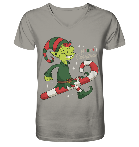 Christmas Design Cute Christmas Elf with Candy Cane Merry Christmas - V-Neck Shirt