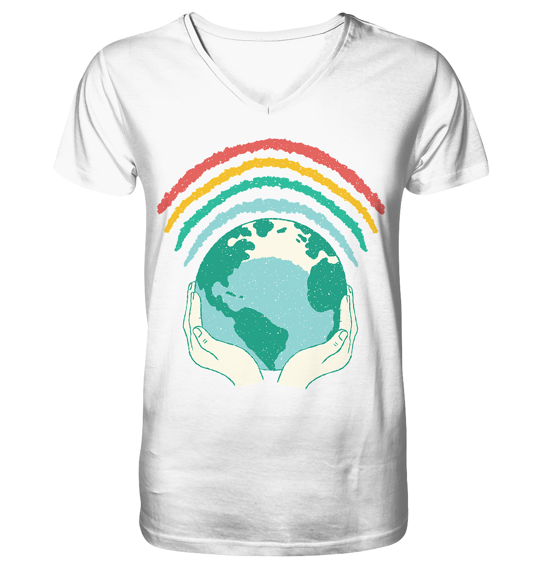 Regenbogen mit Weltkugel in Händen    - V-Neck Shirt