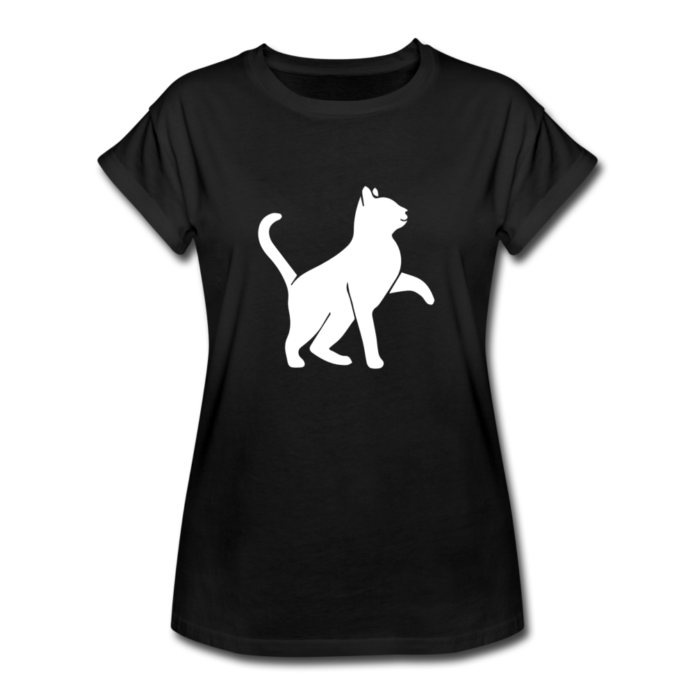 Damen Frauen Oversize T-Shirt Katze weiss silhouette - Schwarz