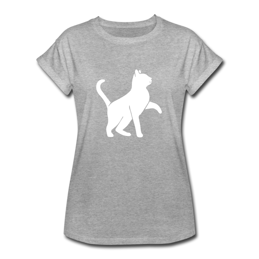 Damen Frauen Oversize T-Shirt Katze weiss silhouette - Grau meliert
