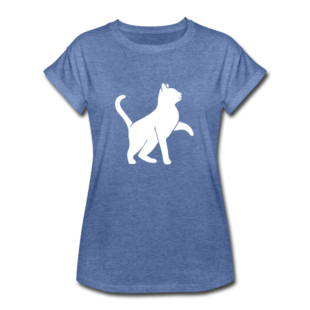 Damen Frauen Oversize T-Shirt Katze weiss silhouette - Denim meliert