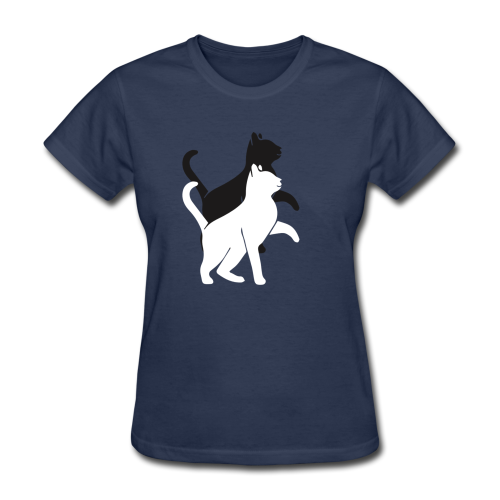 Damen Frauen Gildan Heavy T-Shirt Katze doppelte Silhouette - Navy