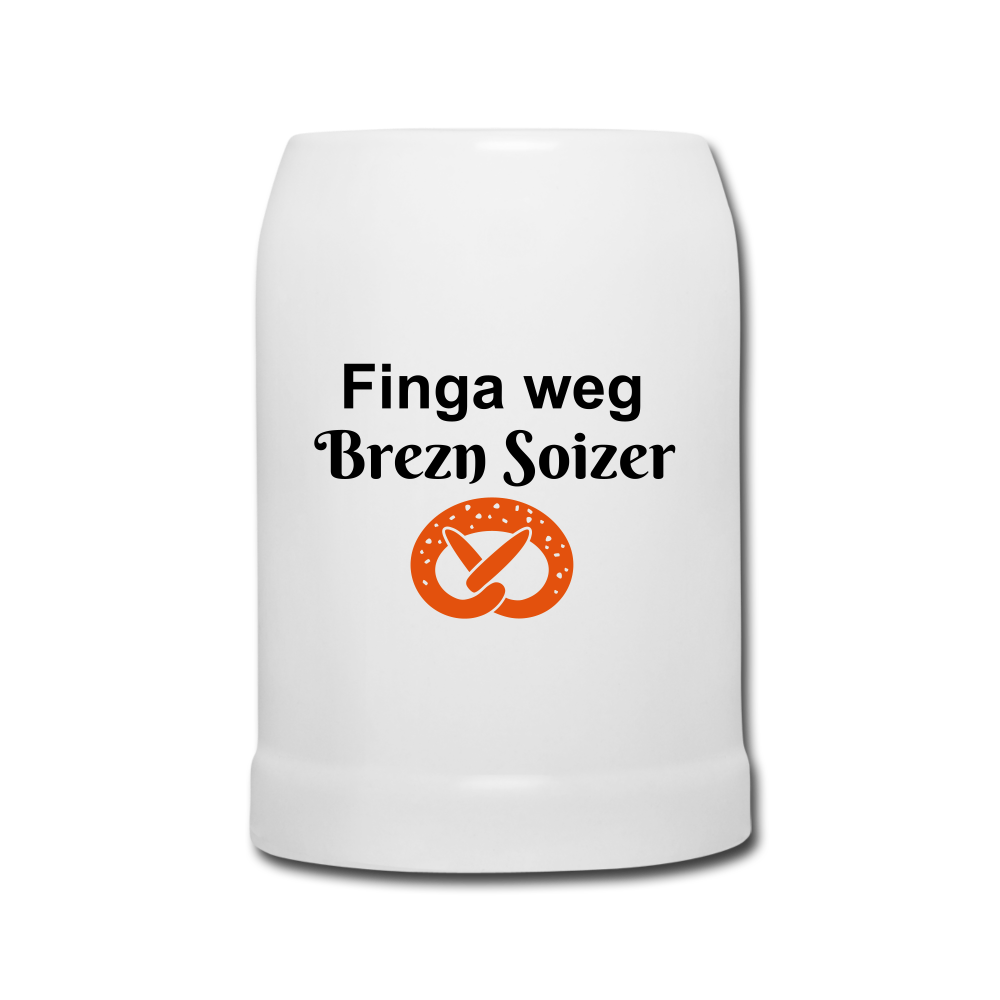 Bierkrug mit dem bayrischen Spruch Finga weg Brezn Soizer - Weiß