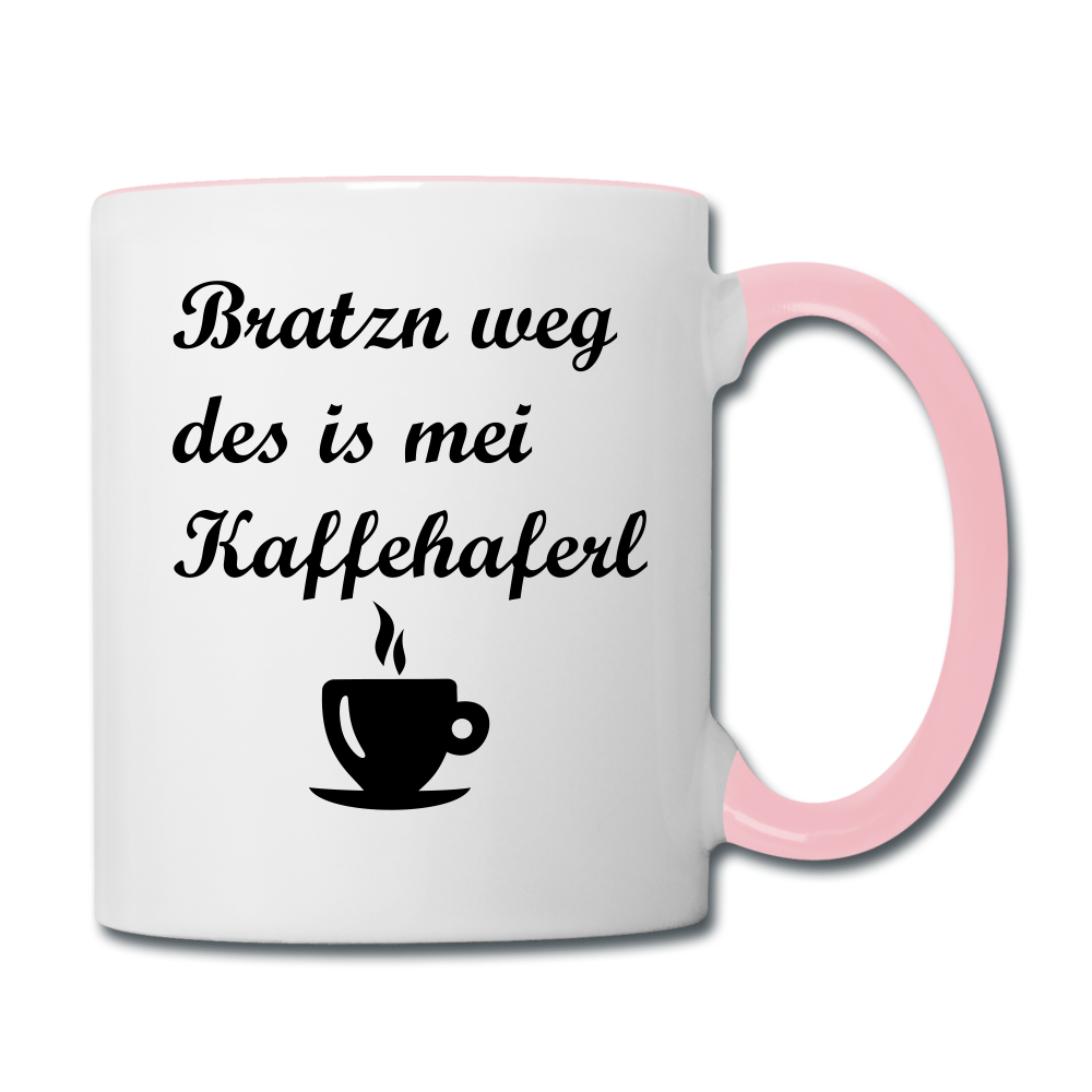 Tasse zweifarbig mit bayrischem Spruch Bratzn weg des is mei Kaffeehaferl - Weiß/Pink