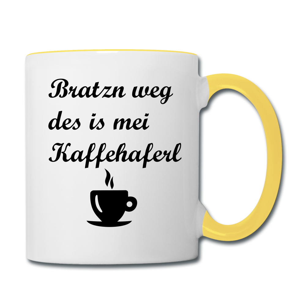 Tasse zweifarbig mit bayrischem Spruch Bratzn weg des is mei Kaffeehaferl - Weiß/Gelb