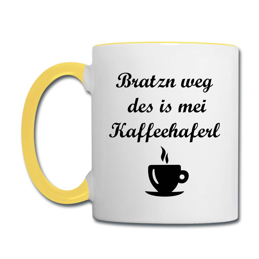 Tasse zweifarbig mit bayrischem Spruch Bratzn weg des is mei Kaffeehaferl - Weiß/Gelb