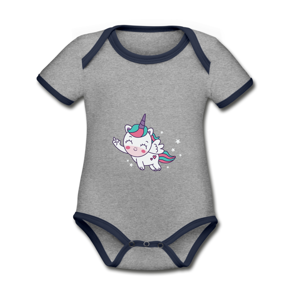 Baby Bio-Kurzarm-Kontrastbody Einhorn Unicorn fliegend - Grau meliert/Navy