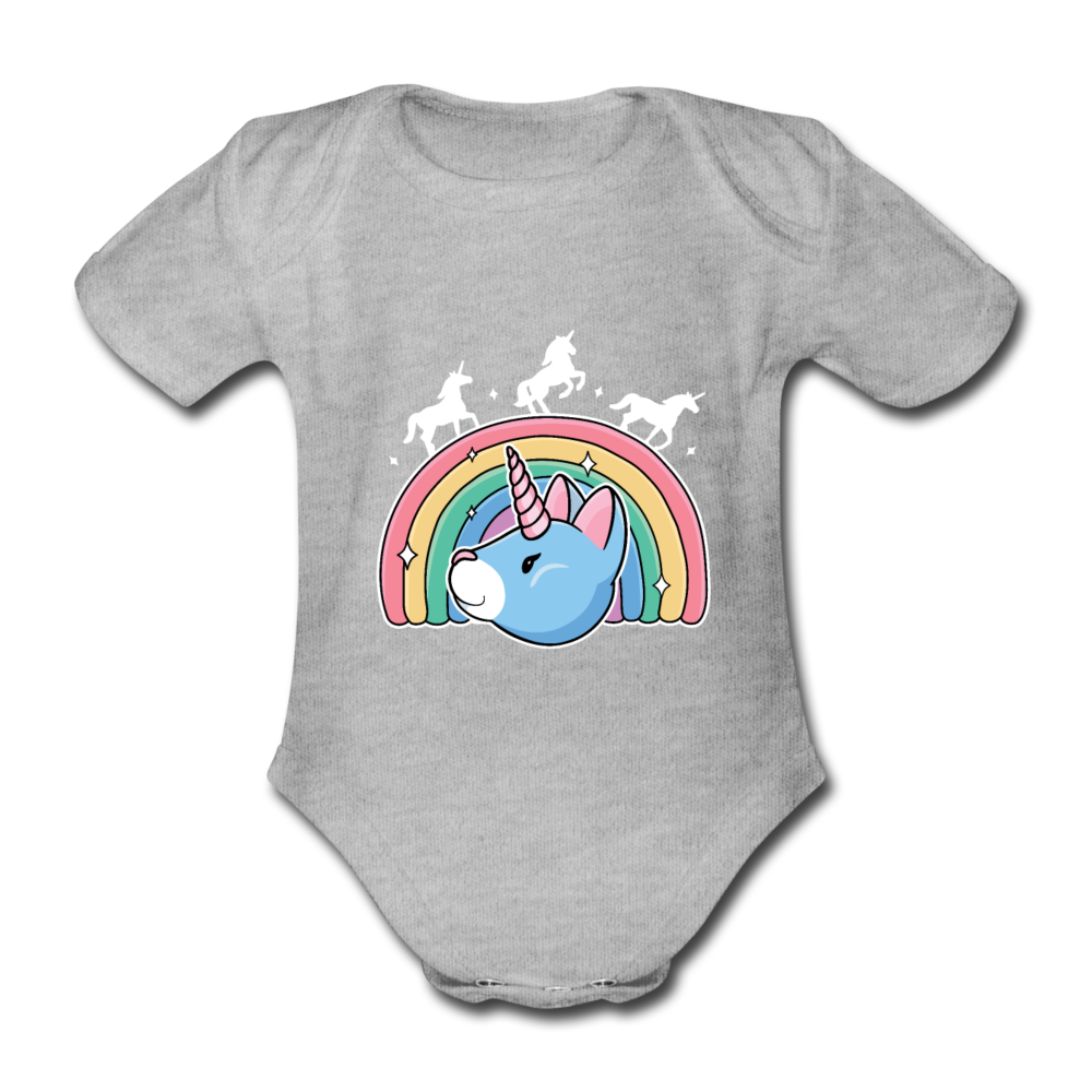 Baby Bio-Kurzarm-Body Regenbogen Einhorn Unicorn Katze - Grau meliert