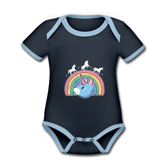 Baby Bio-Kurzarm-Kontrastbody Regenbogen Einhorn Unicorn Katze - navy/sky