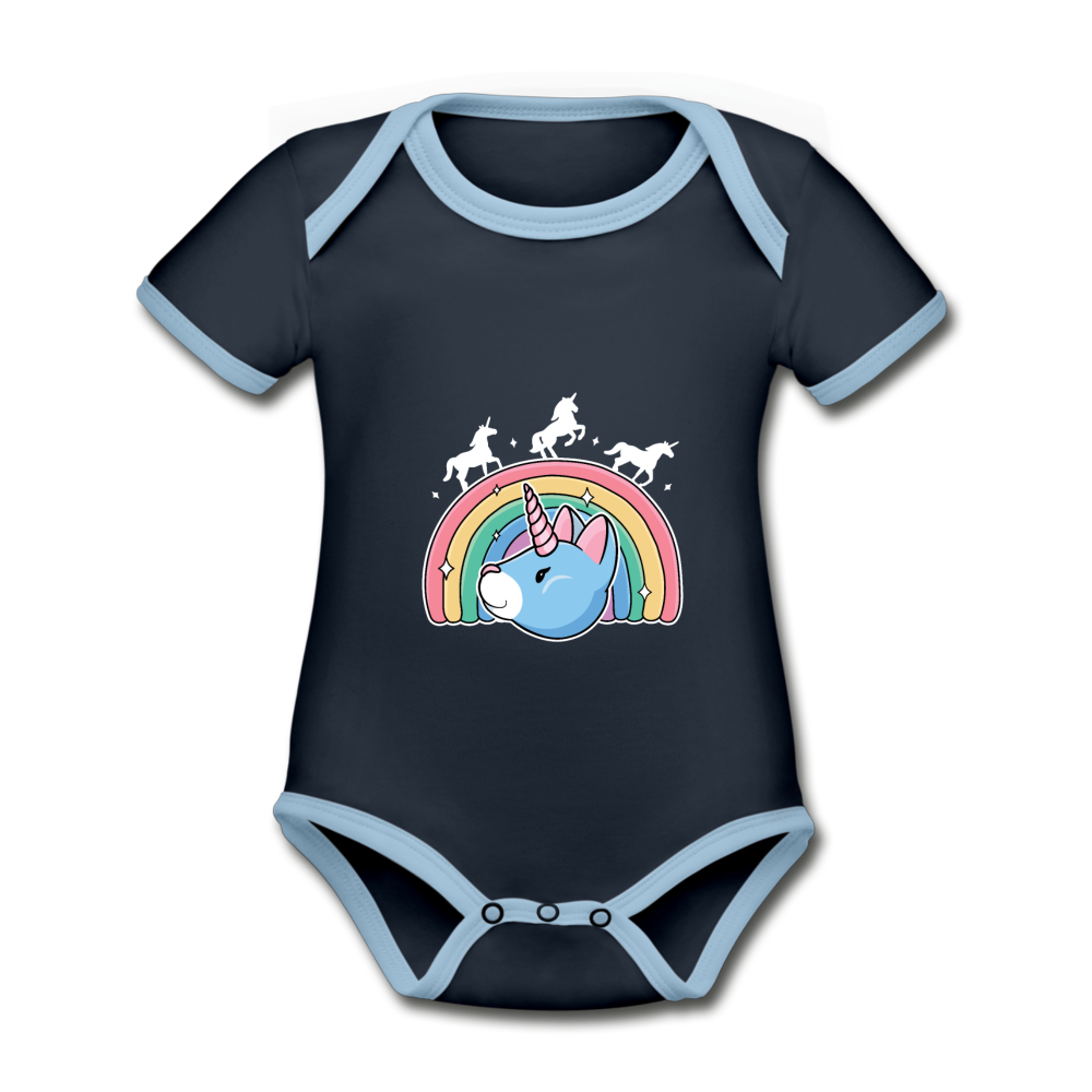 Baby Bio-Kurzarm-Kontrastbody Regenbogen Einhorn Unicorn Katze - navy/sky