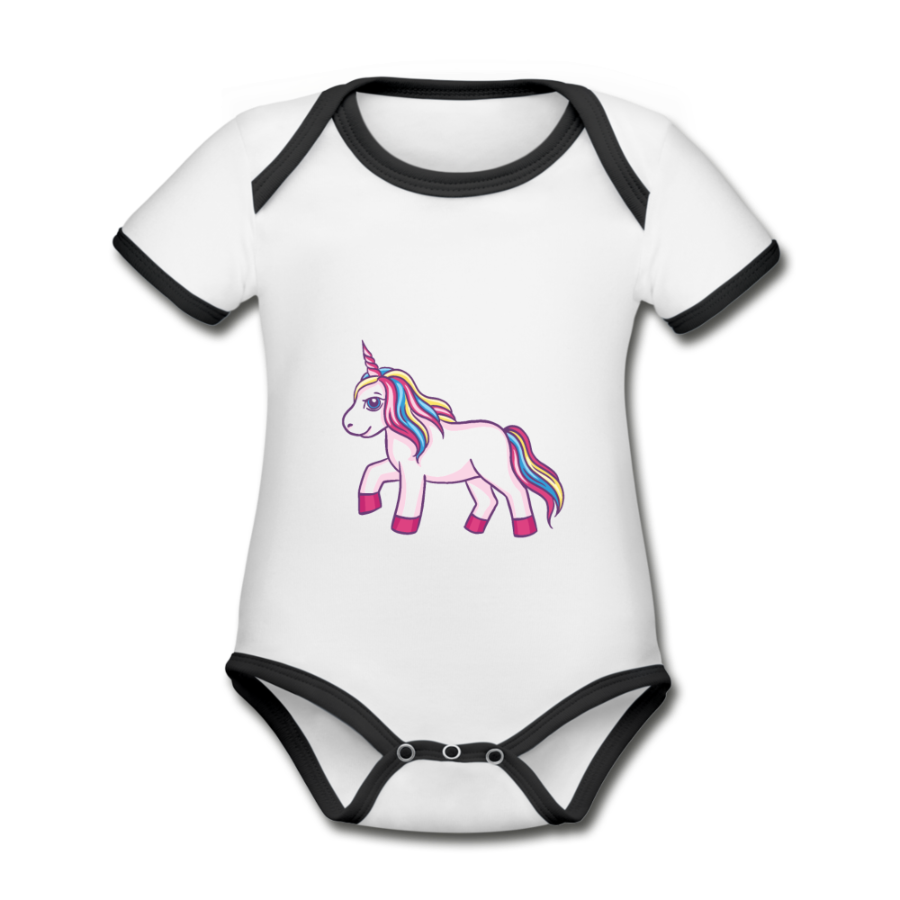Baby Bio-Kurzarm-Kontrastbody  Einhorn Unicorn - Weiß/Schwarz