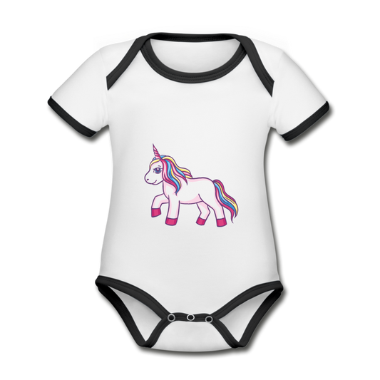 Baby Bio-Kurzarm-Kontrastbody  Einhorn Unicorn - Weiß/Schwarz