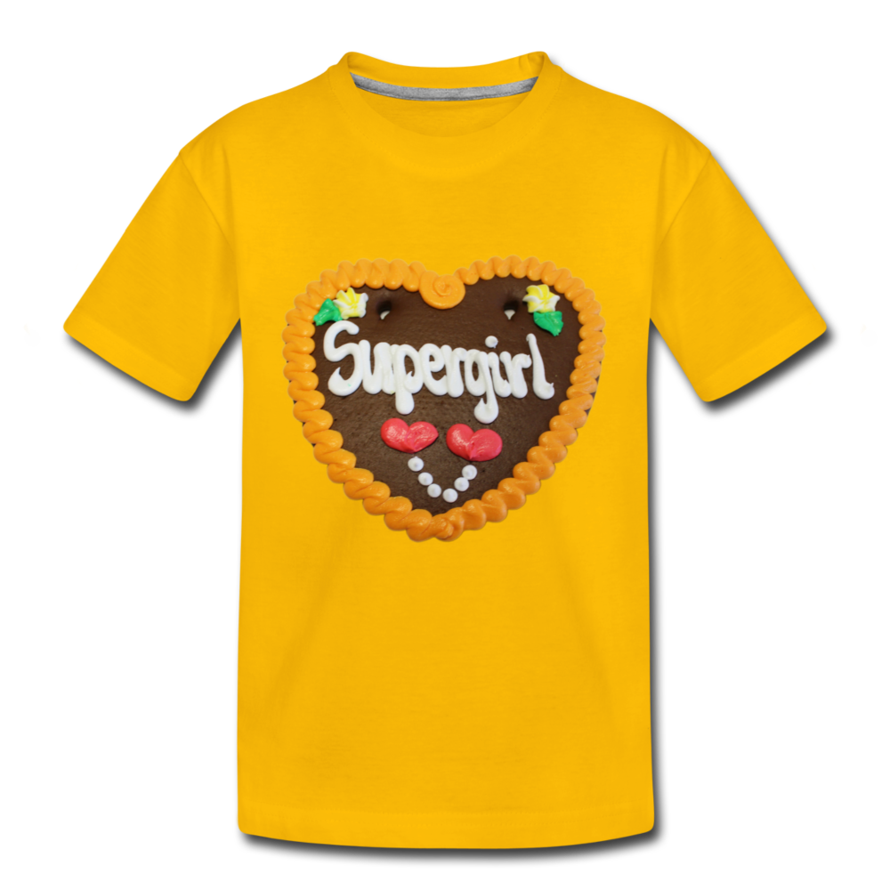 Kinder Premium T-Shirt Lebkuchenherz Supergirl - Sonnengelb