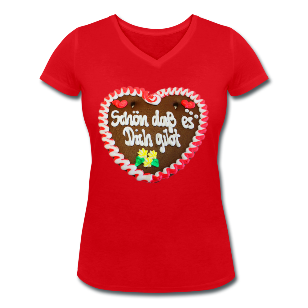 Damen - Frauen Bio-T-Shirt mit V-Ausschnitt von Stanley & Stella Lebkuchenherz Schön daß es Dich gibt - Rot