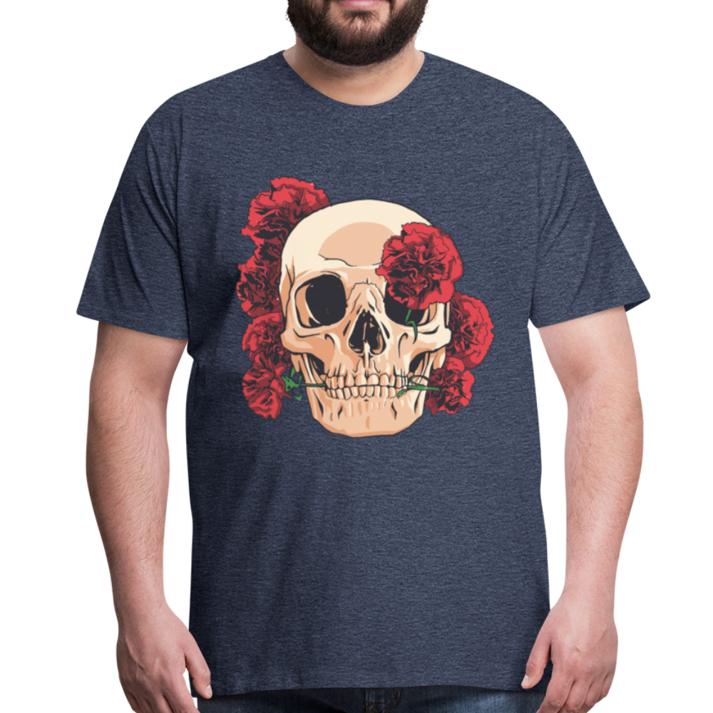 Herren - Männer Premium T-Shirt Totenkopf mit Rosen Design - Blau meliert