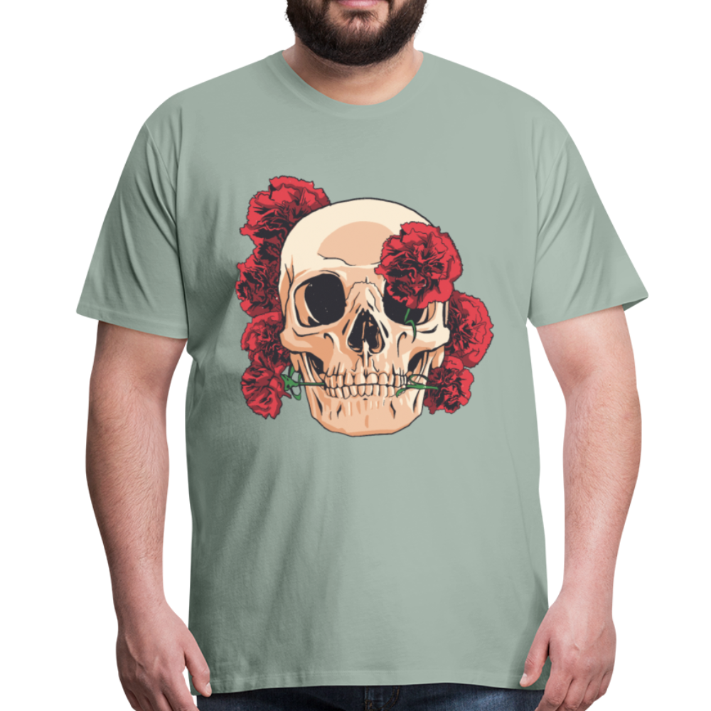 Herren - Männer Premium T-Shirt Totenkopf mit Rosen Design - Graugrün