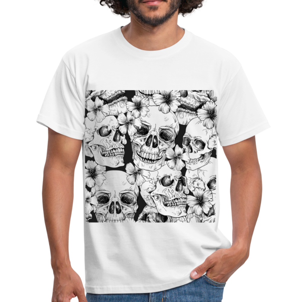 Herren - Männer T-Shirt Totenköpfe und Blumen - Weiß