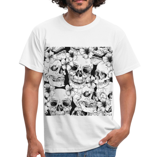 Herren - Männer T-Shirt Totenköpfe und Blumen - Weiß