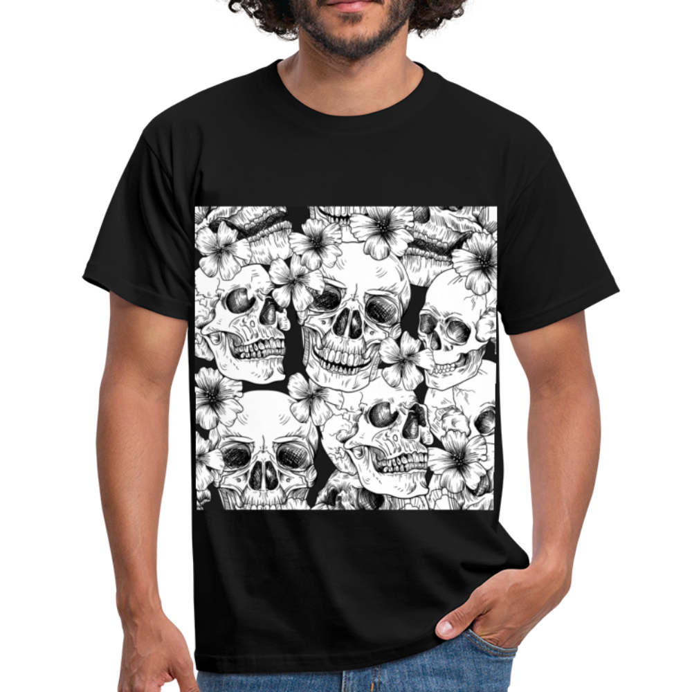 Herren - Männer T-Shirt Totenköpfe und Blumen - Schwarz