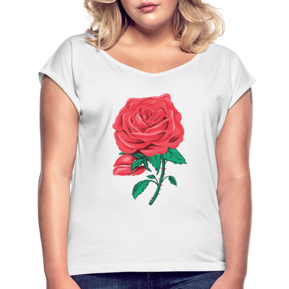 Damen Frauen T-Shirt mit gerollten Ärmeln Rose - Weiß