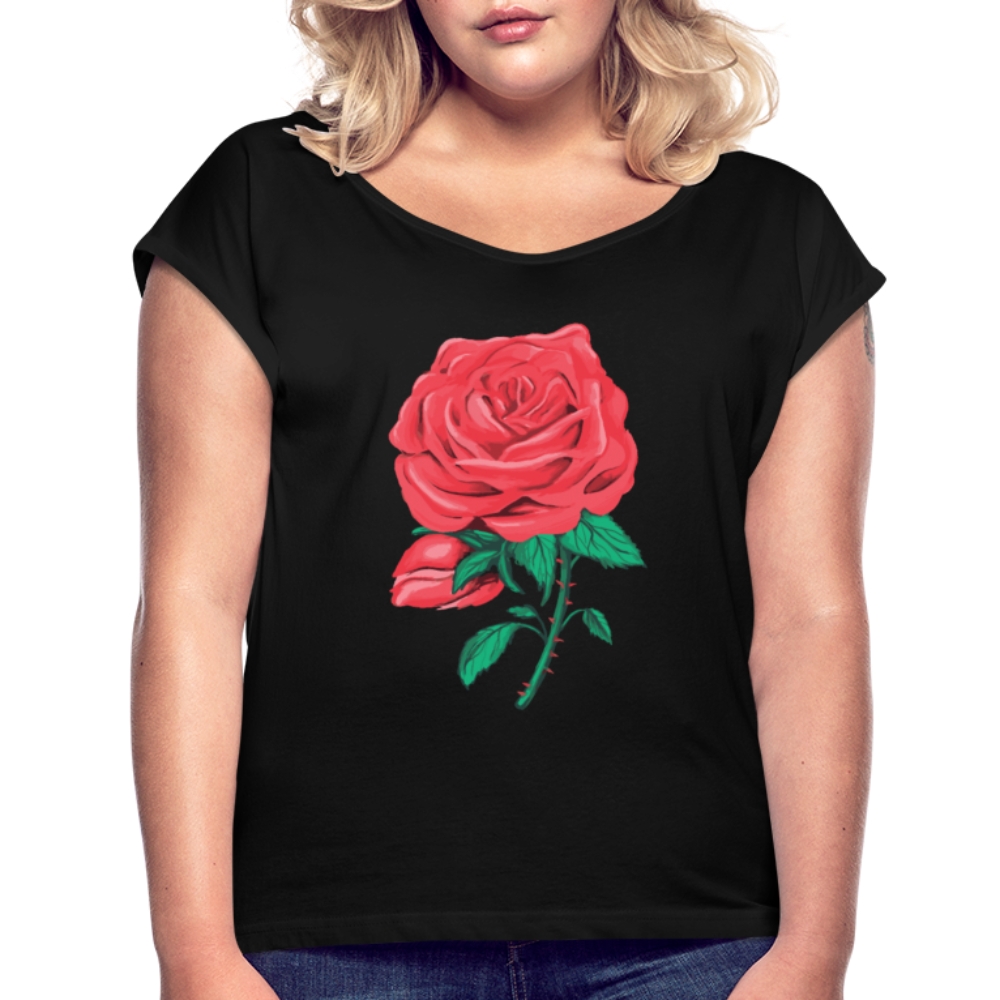 Damen Frauen T-Shirt mit gerollten Ärmeln Rose - Schwarz