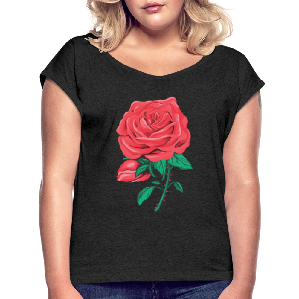 Damen Frauen T-Shirt mit gerollten Ärmeln Rose - Schwarz meliert