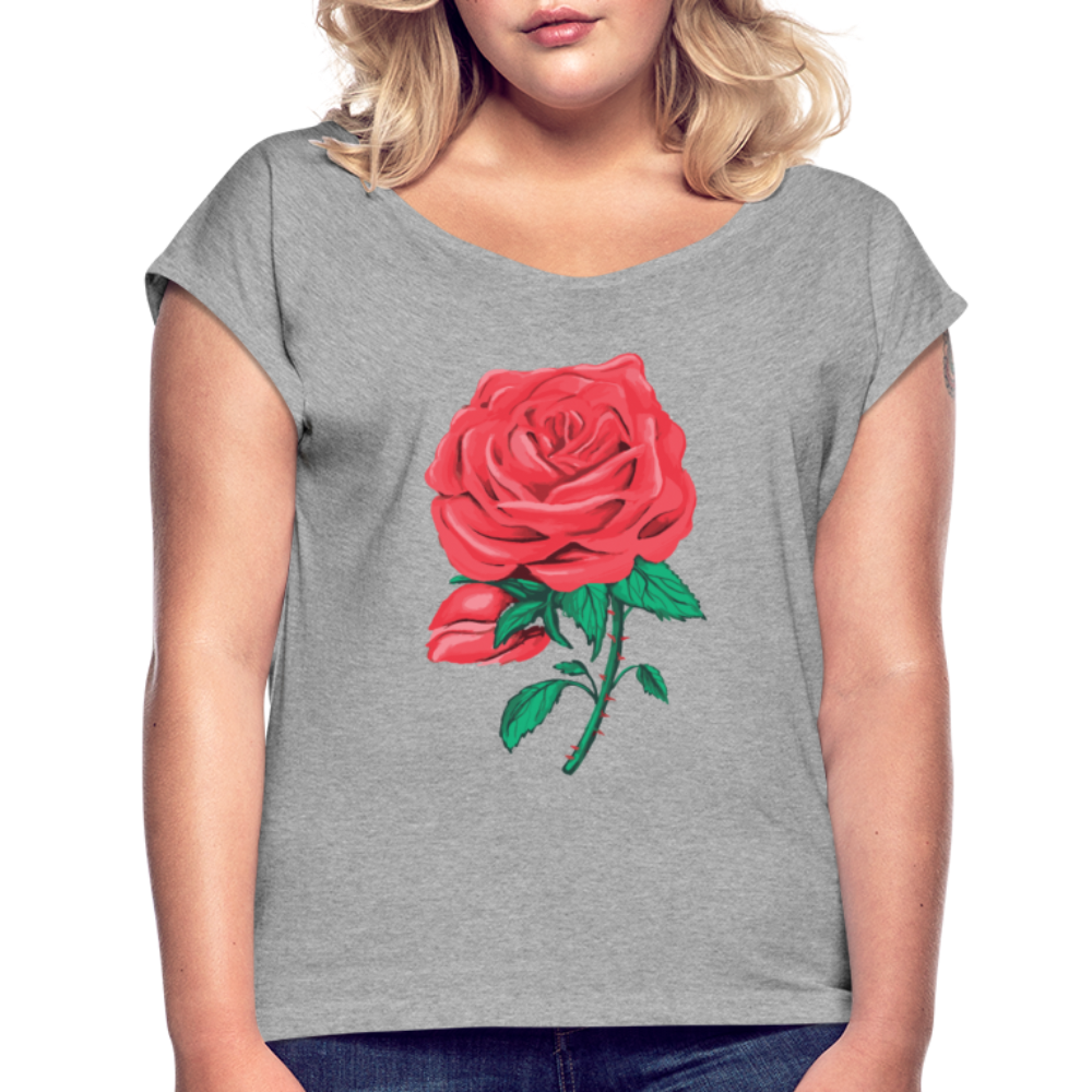 Damen Frauen T-Shirt mit gerollten Ärmeln Rose - Grau meliert
