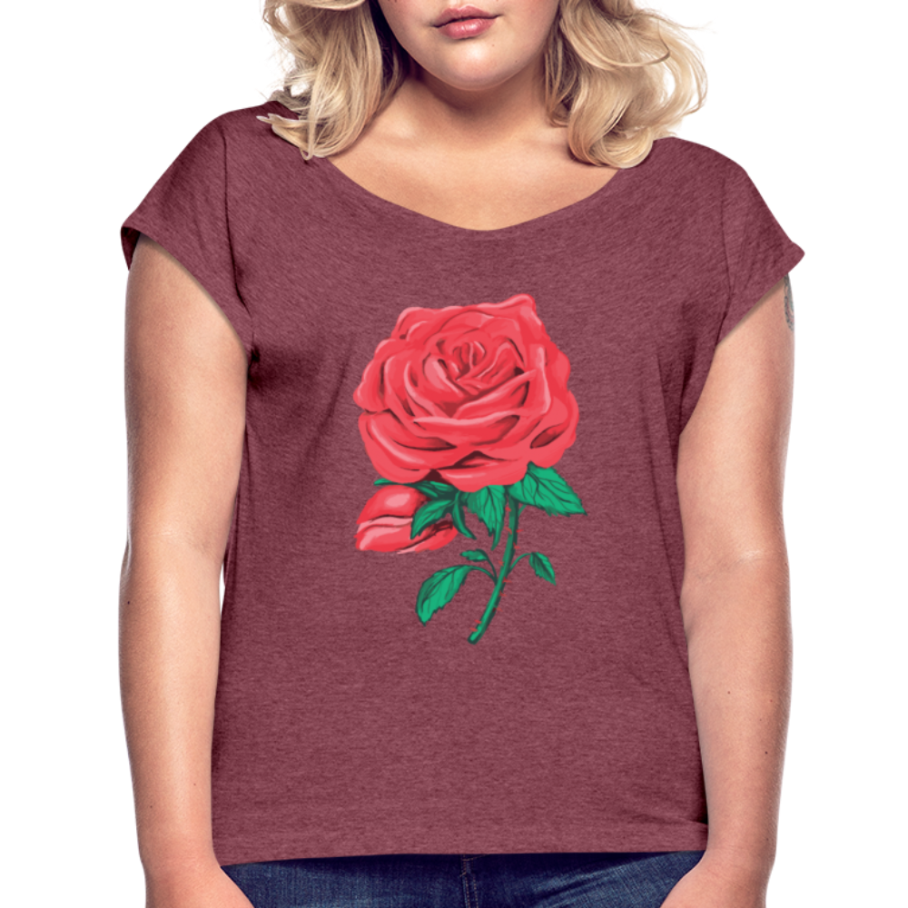 Damen Frauen T-Shirt mit gerollten Ärmeln Rose - Bordeauxrot meliert