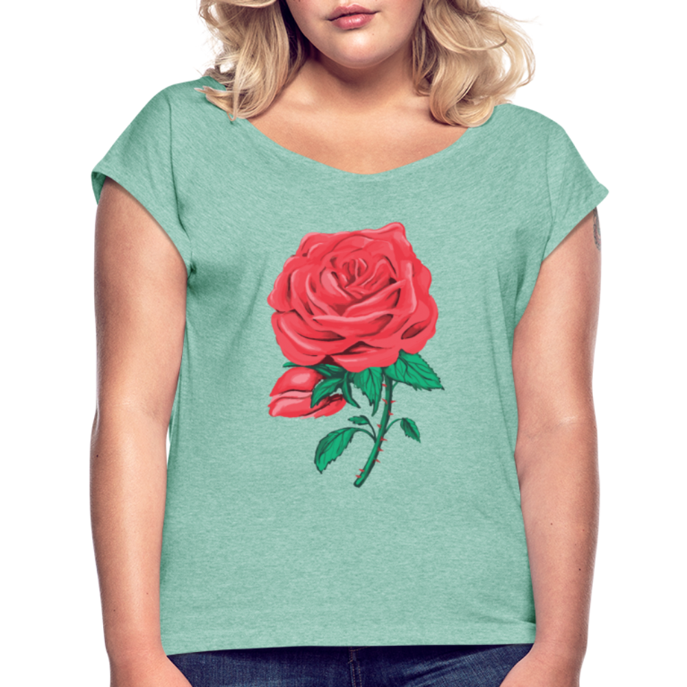 Damen Frauen T-Shirt mit gerollten Ärmeln Rose - Minze meliert