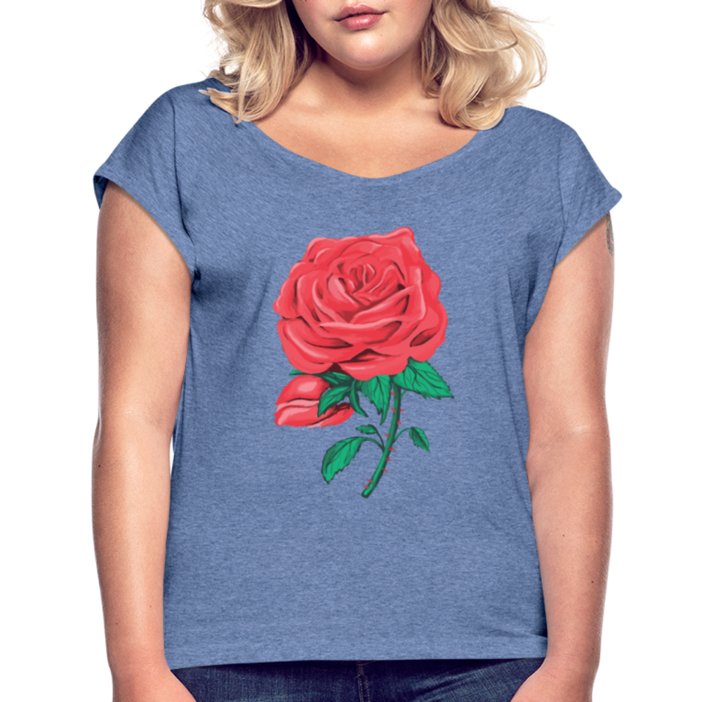 Damen Frauen T-Shirt mit gerollten Ärmeln Rose - Denim meliert
