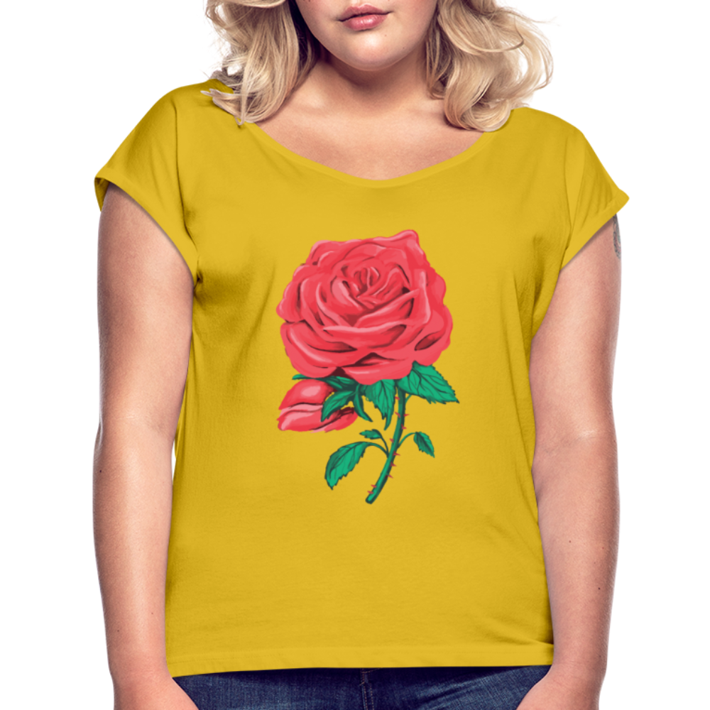 Damen Frauen T-Shirt mit gerollten Ärmeln Rose - Senfgelb
