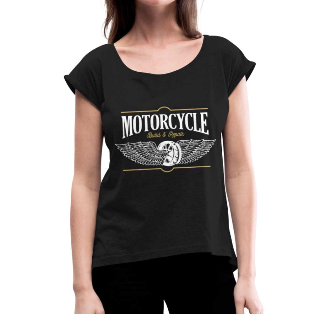 Frauen T-Shirt mit gerollten Ärmeln Motorrad - Motorcycle - Schwarz
