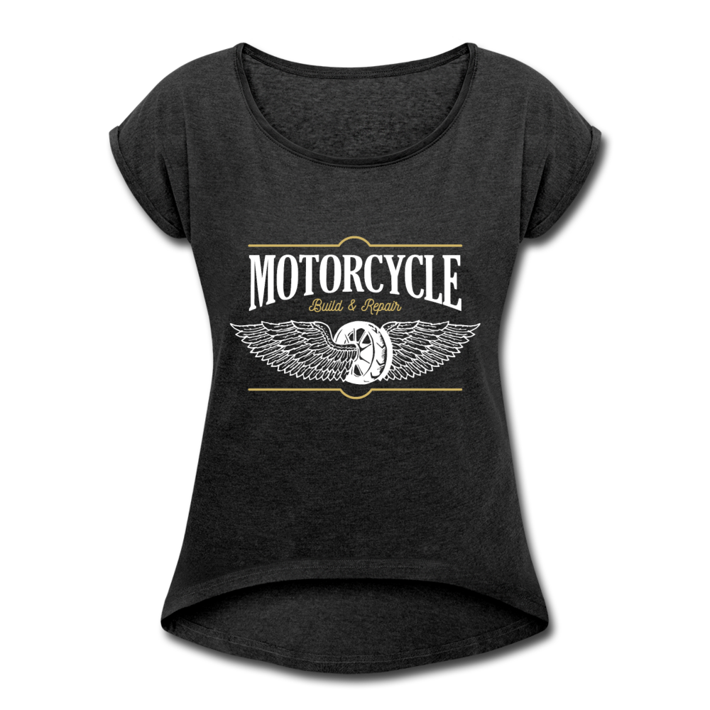 Frauen T-Shirt mit gerollten Ärmeln Motorrad - Motorcycle - Schwarz meliert