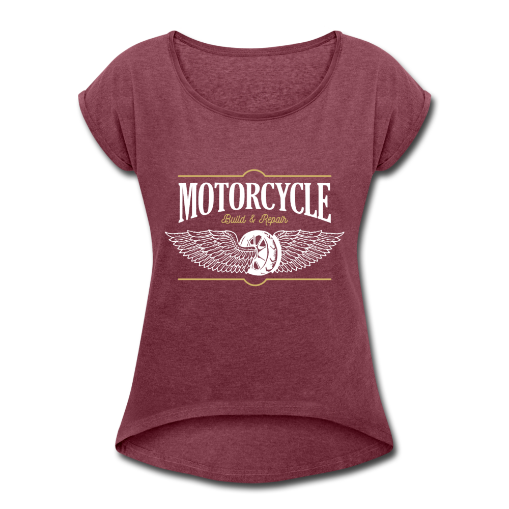 Frauen T-Shirt mit gerollten Ärmeln Motorrad - Motorcycle - Bordeauxrot meliert