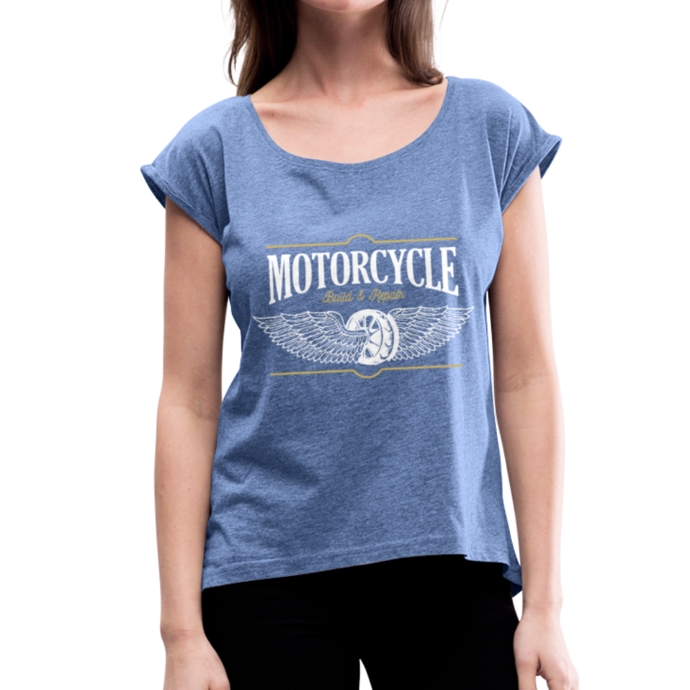 Frauen T-Shirt mit gerollten Ärmeln Motorrad - Motorcycle - Denim meliert