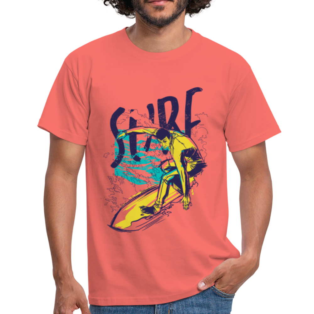 Herren - Männer T-Shirt , Surfer auf Surfbrett - Koralle