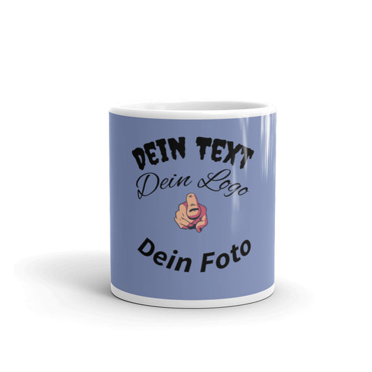 White glossy cup, with print of your desired logo, text, photo also with a purple background