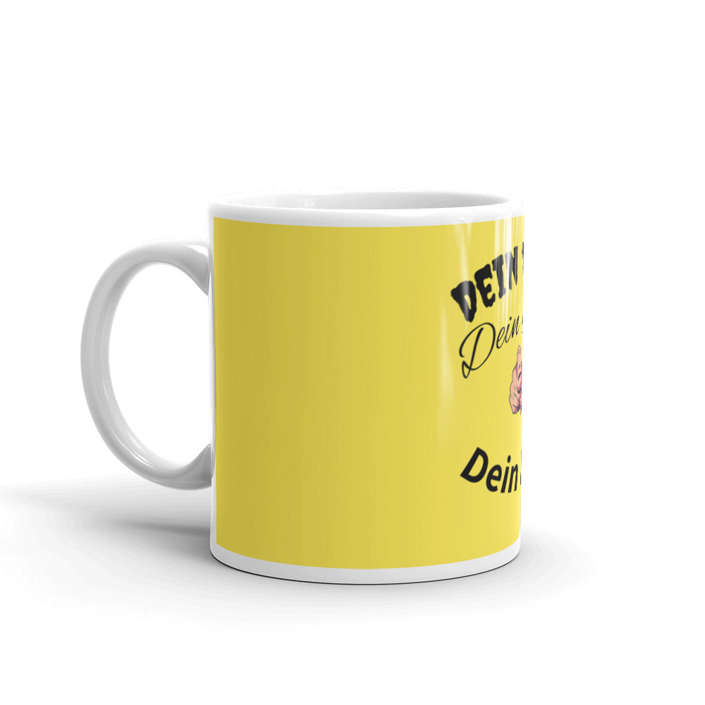White glossy cup, with print of your desired logo, text, photo also with a yellow background